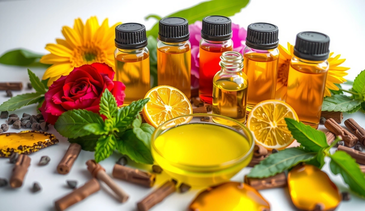 A close-up of various vibrant botanical extracts in small glass vials, with fresh herbs and flowers scattered around, symbolizing natural potency.