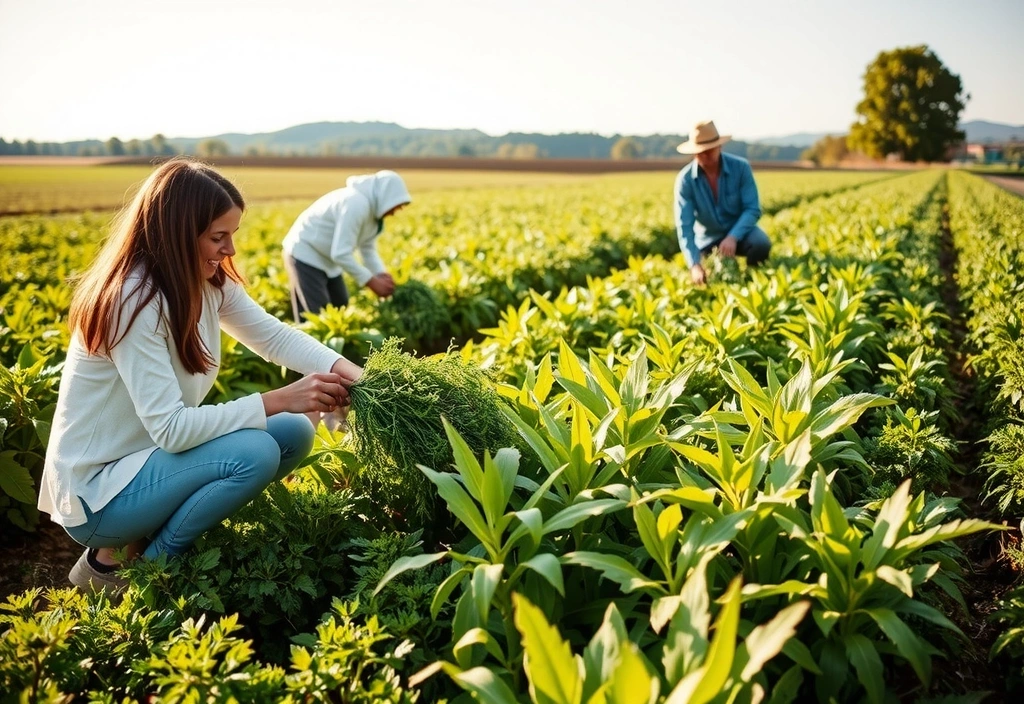 Farmers harvesting herbs in a lush, sustainable field, showing ethical and natural cultivation practices.