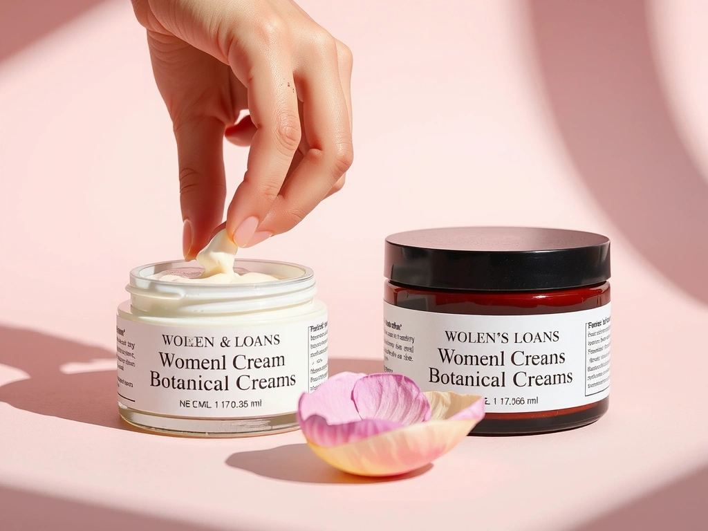 An elegant display of women's botanical creams, showcasing luxurious textures and natural floral elements in soft, inviting light.