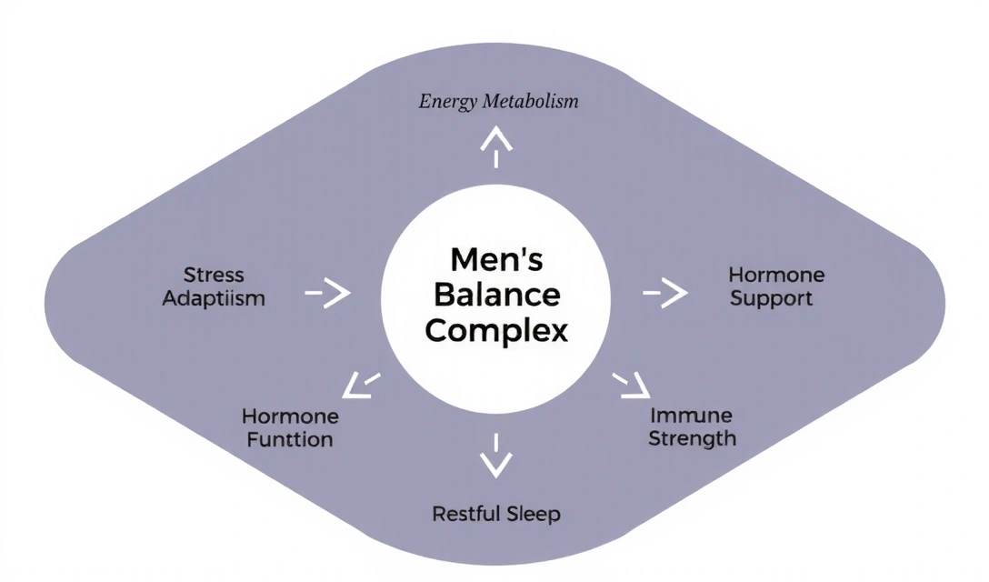 Infographic illustrating the synergistic effect of natural ingredients on male health, showing interconnected benefits for energy, focus, and vitality.