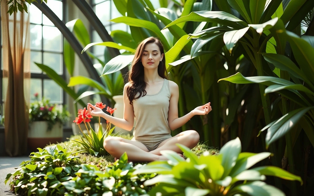 A woman meditating peacefully in a lush, green botanical garden, surrounded by vibrant plants and soft natural light, embodying balance and natural beauty.