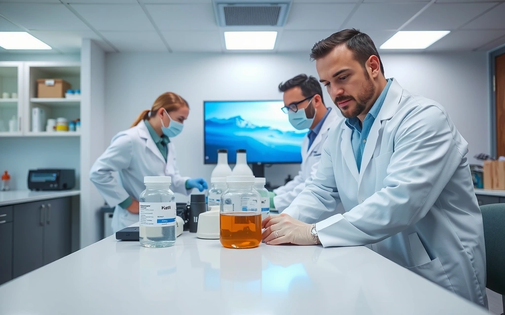 A pristine, modern laboratory setting with scientists in lab coats performing quality control tests on natural botanical extracts, symbolizing precision and safety.