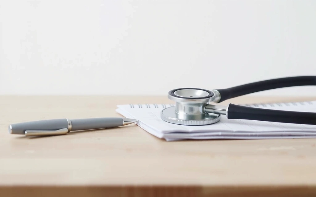 A doctor's consultation desk with a stethoscope and medical notes, emphasizing professional advice is needed.